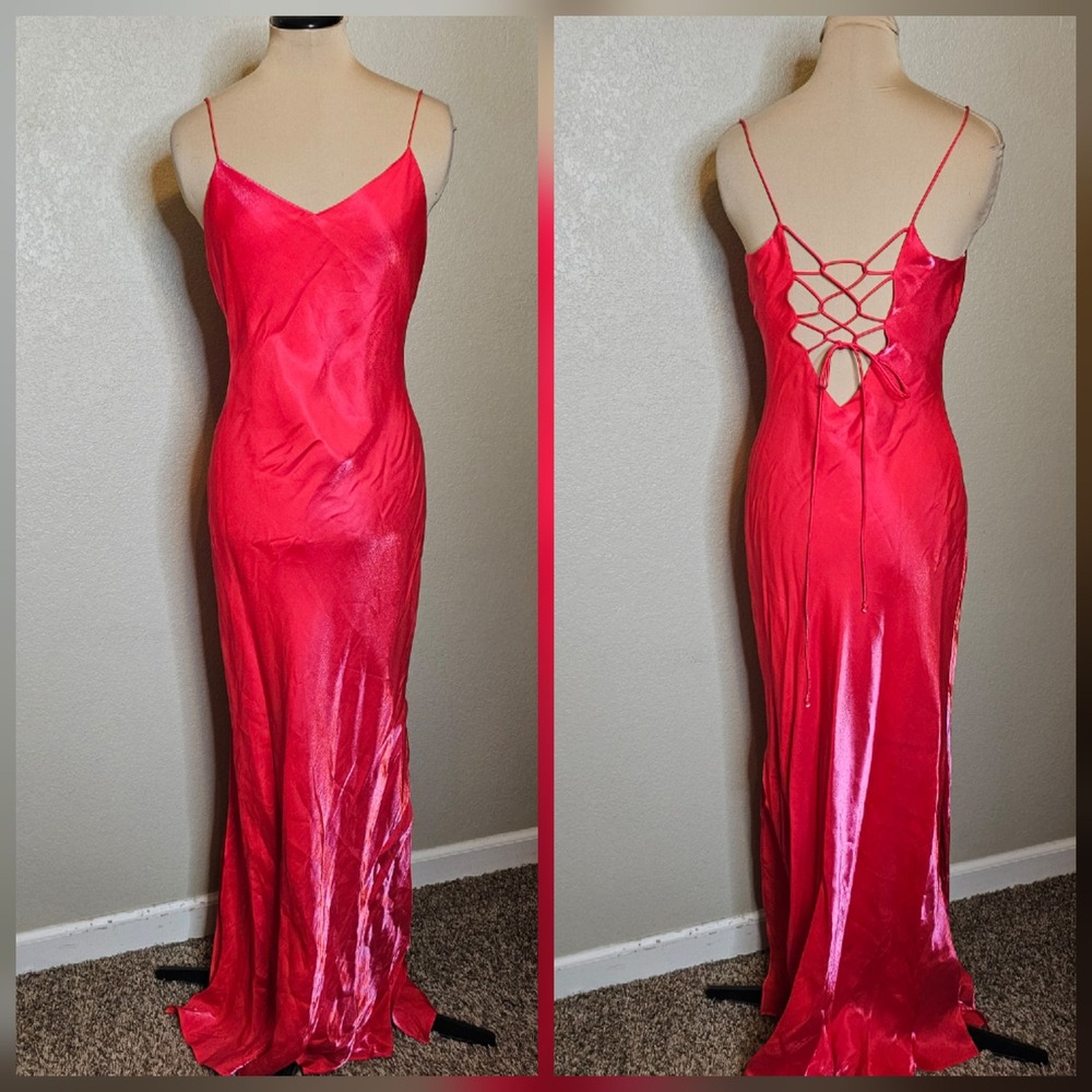 Vintage Y2K Niki Livas Hot Pink Shimmer Satin Lace Up Back Maxi‎ Slip Dress 8